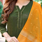 Green Cotton Solid Straight Kurta Set with Pant and Dupatta Festive Wear