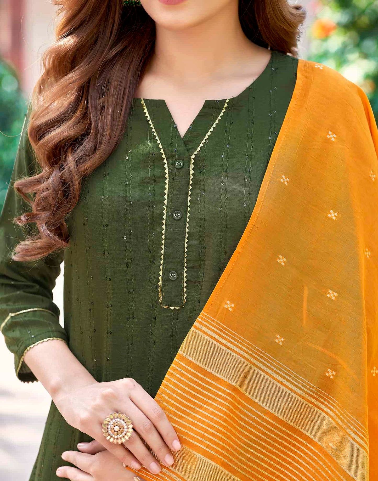 Green Cotton Solid Straight Kurta Set with Pant and Dupatta Festive Wear