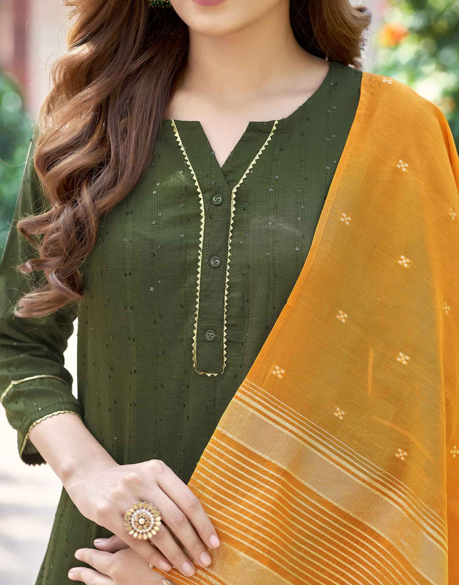 Green Cotton Solid Straight Kurta Set with Pant and Dupatta Festive Wear