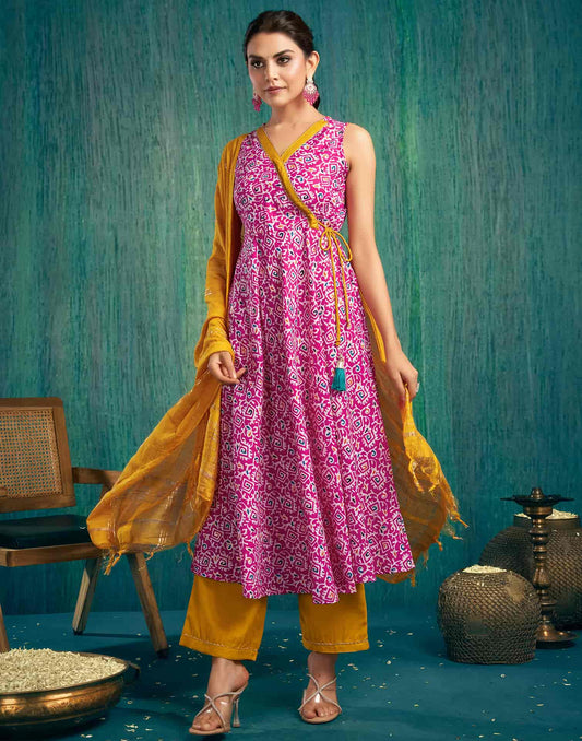 Pink Cotton Printed Anarkali Kurta Set with Pant and Dupatta Casual Wear