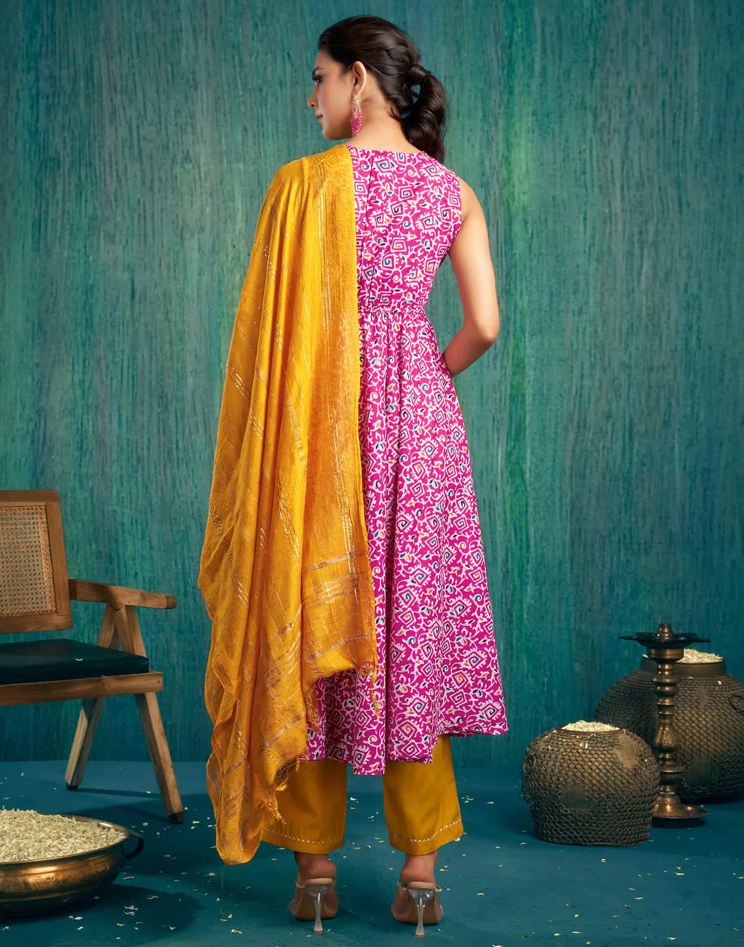 Pink Cotton Printed Anarkali Kurta Set with Pant and Dupatta Casual Wear