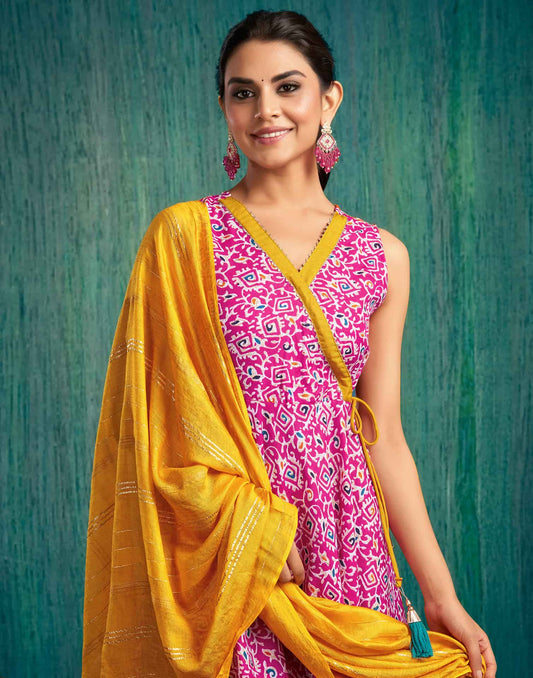 Pink Cotton Printed Anarkali Kurta Set with Pant and Dupatta Casual Wear