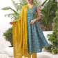 Teal Blue Silk Printed V Neck Sleeveless Anarkali Kurta Set With Pant & Dupatta