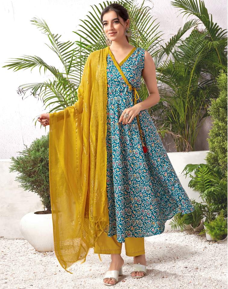 Teal Blue Silk Printed V Neck Sleeveless Anarkali Kurta Set With Pant & Dupatta