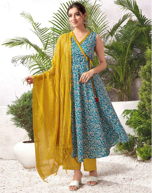Teal Blue Silk Printed V Neck Sleeveless Anarkali Kurta Set With Pant & Dupatta