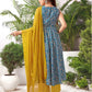 Teal Blue Silk Printed V Neck Sleeveless Anarkali Kurta Set With Pant & Dupatta
