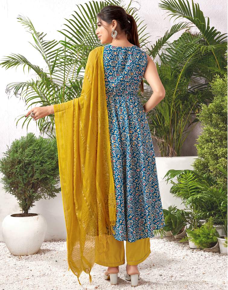 Teal Blue Silk Printed V Neck Sleeveless Anarkali Kurta Set With Pant & Dupatta