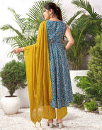 Cotton Blend Foil Print Angarkha 3 Piece Kurta Set