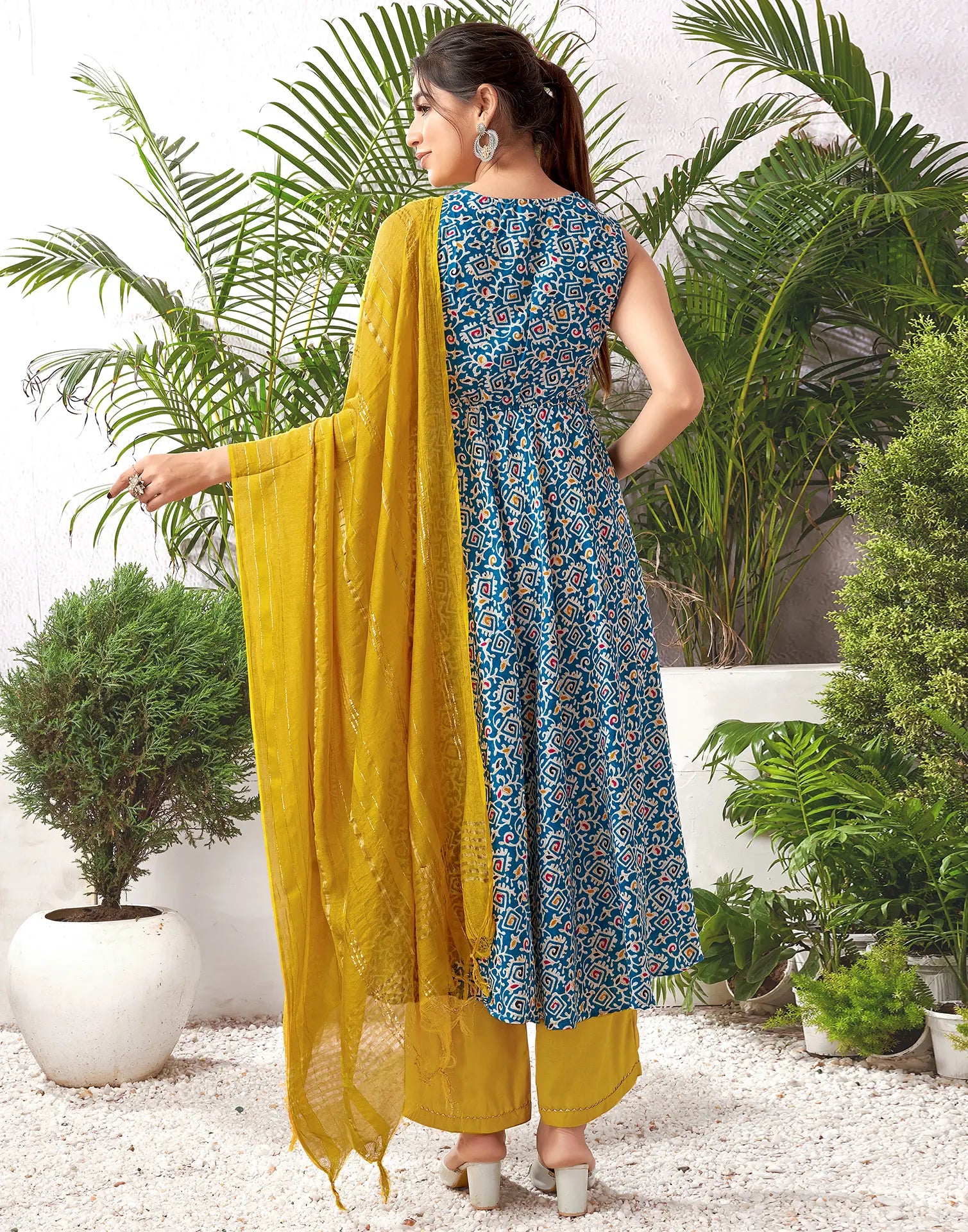 Cotton Blend Foil Print Angarkha 3 Piece Kurta Set