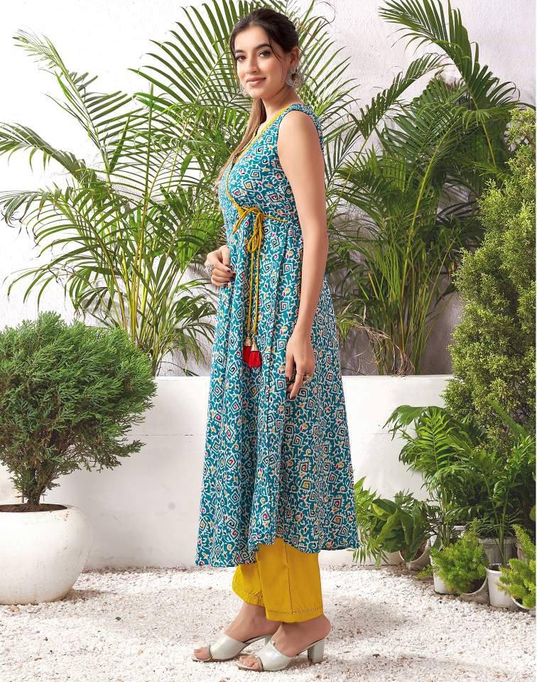 Teal Blue Silk Printed V Neck Sleeveless Anarkali Kurta Set With Pant & Dupatta