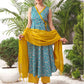 Teal Blue Silk Printed V Neck Sleeveless Anarkali Kurta Set With Pant & Dupatta