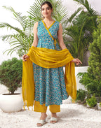 Cotton Blend Foil Print Angarkha 3 Piece Kurta Set