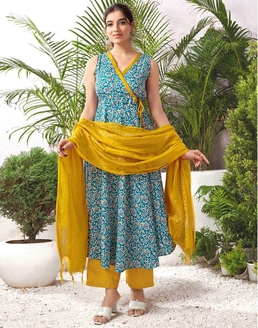 Teal Blue Silk Printed V Neck Sleeveless Anarkali Kurta Set With Pant & Dupatta