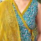 Teal Blue Silk Printed V Neck Sleeveless Anarkali Kurta Set With Pant & Dupatta