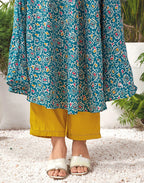 Cotton Blend Foil Print Angarkha 3 Piece Kurta Set