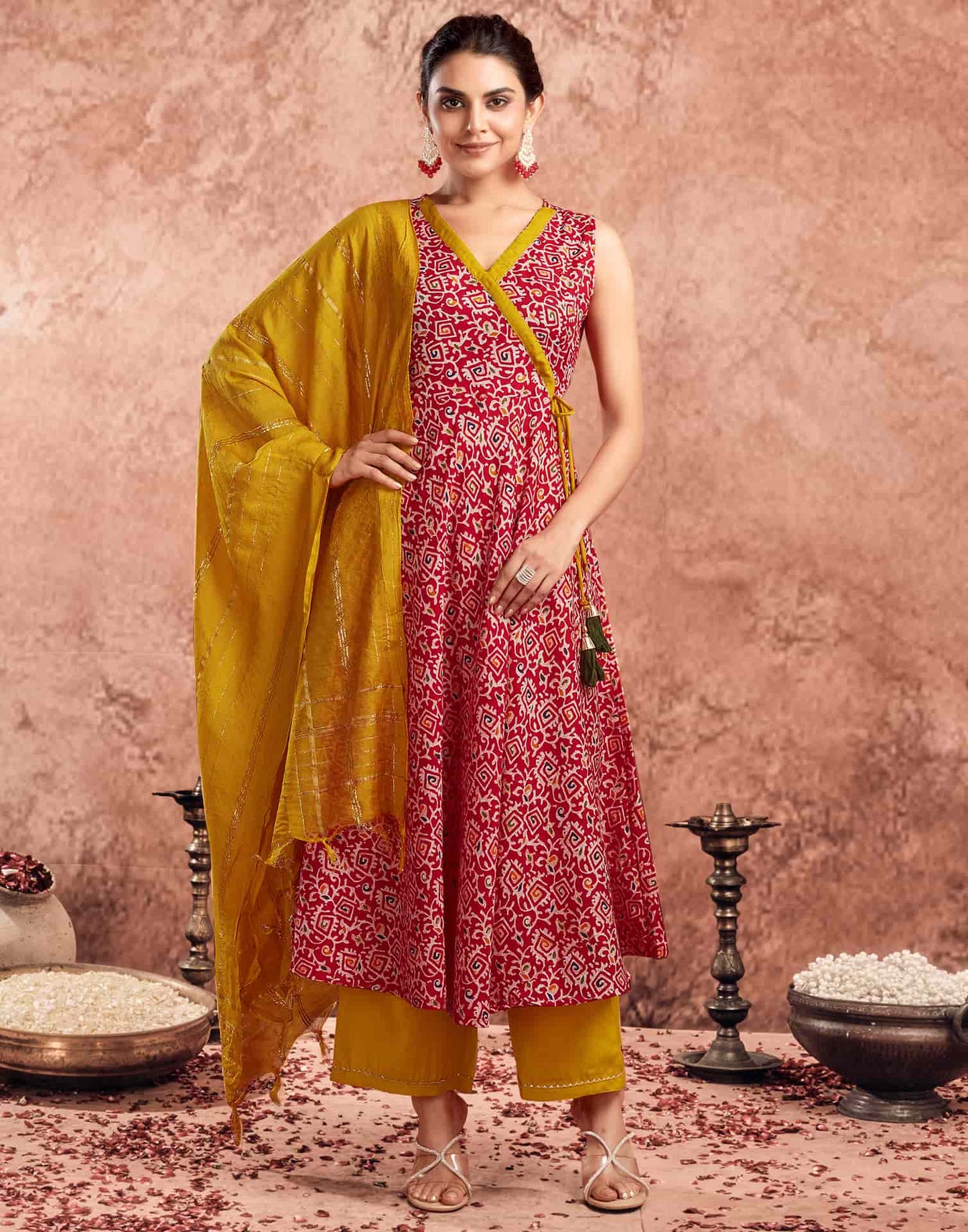 V Neck Anarkali Kurta Set with Dupatta for Women