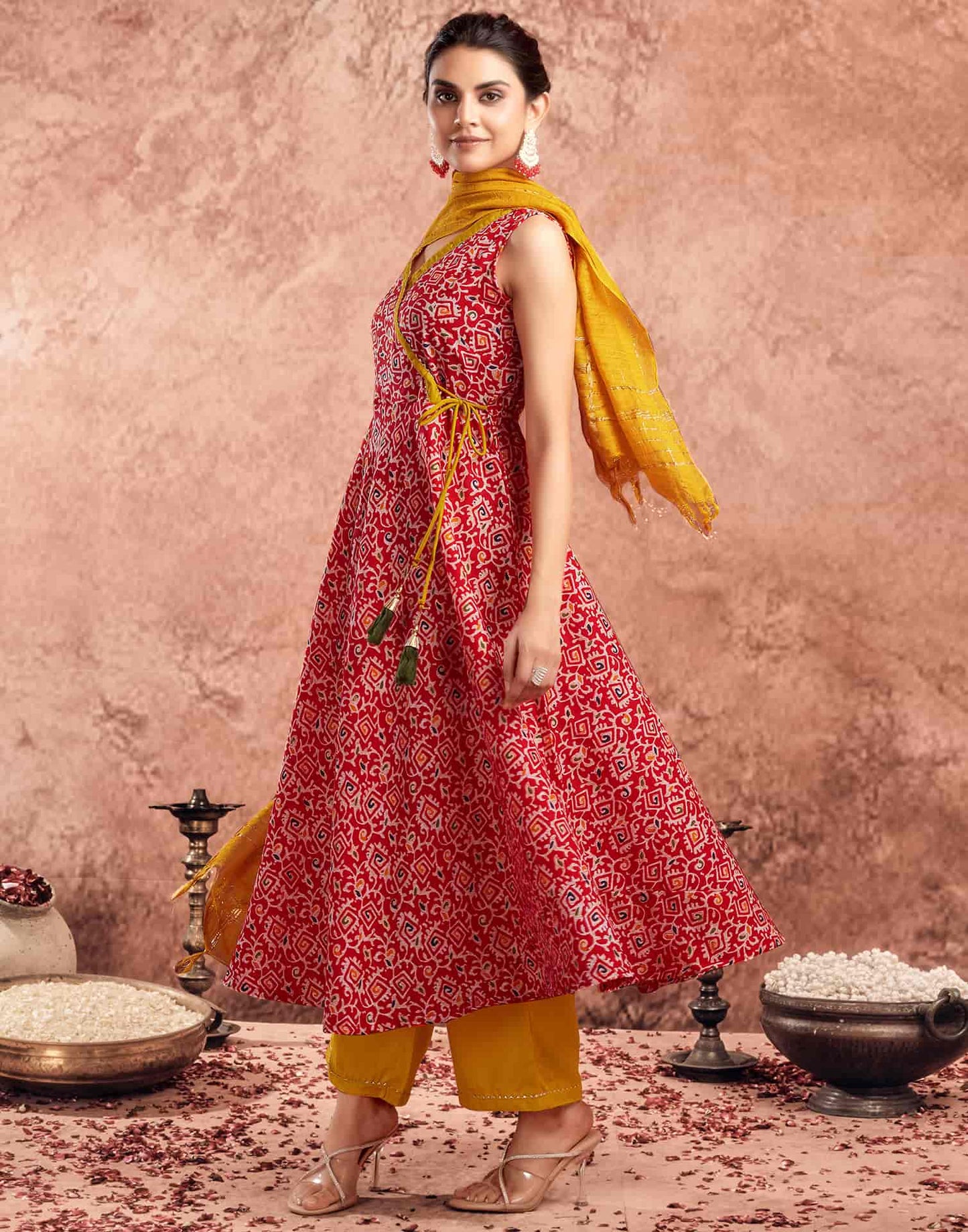 V Neck Anarkali Kurta Set with Dupatta for Women