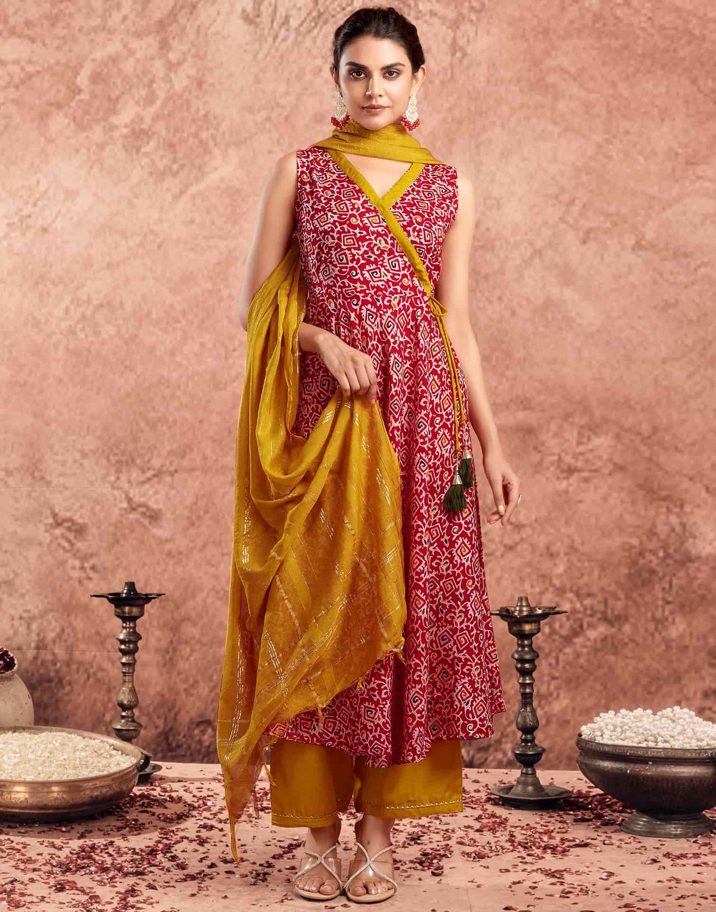 V Neck Anarkali Kurta Set with Dupatta for Women