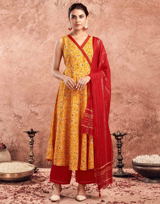 V Neck Anarkali Kurta Set in Yellow – Ethnic Wear for Women