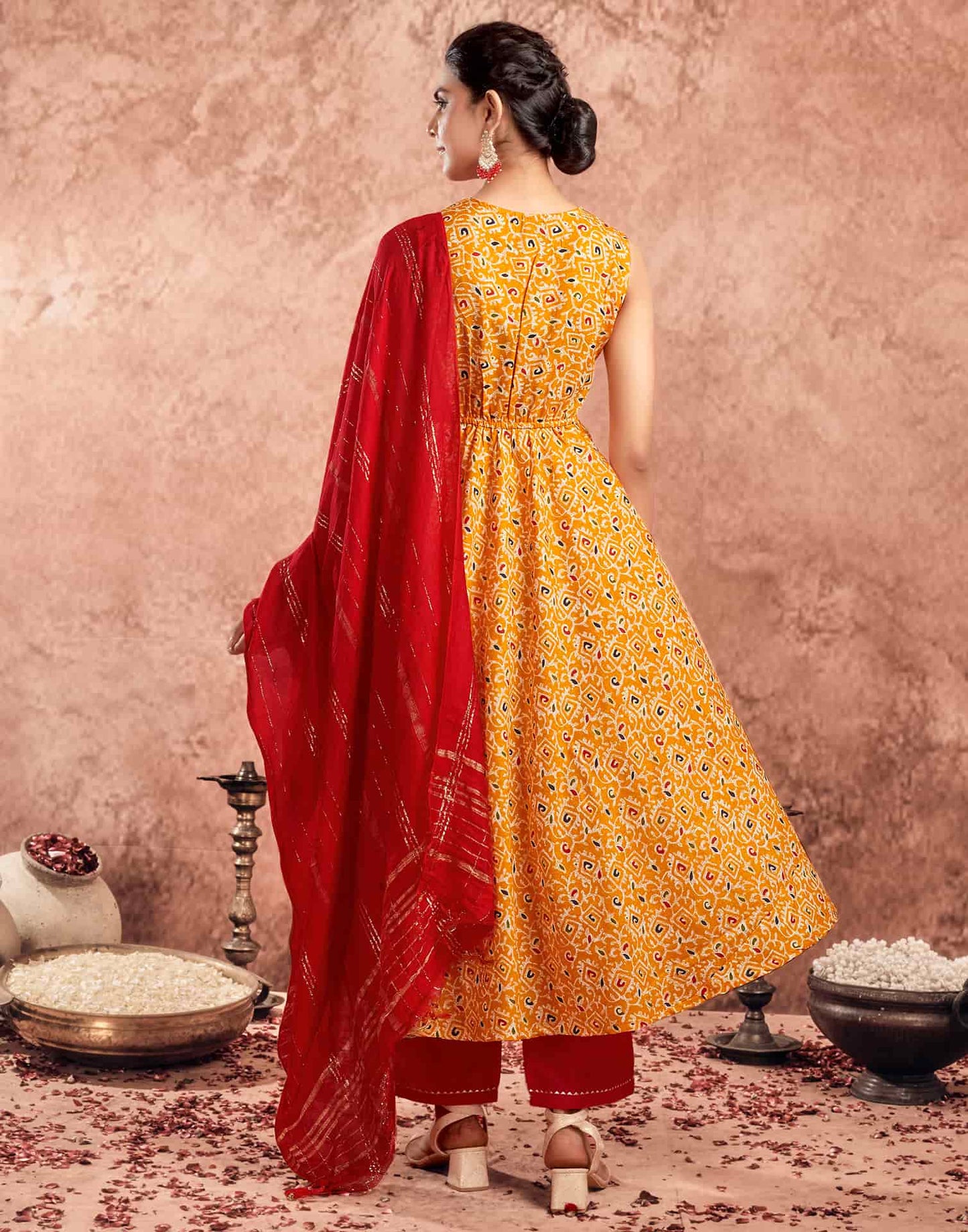 V Neck Anarkali Kurta Set in Yellow – Ethnic Wear for Women
