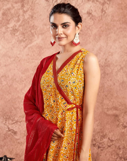 V Neck Anarkali Kurta Set in Yellow – Ethnic Wear for Women