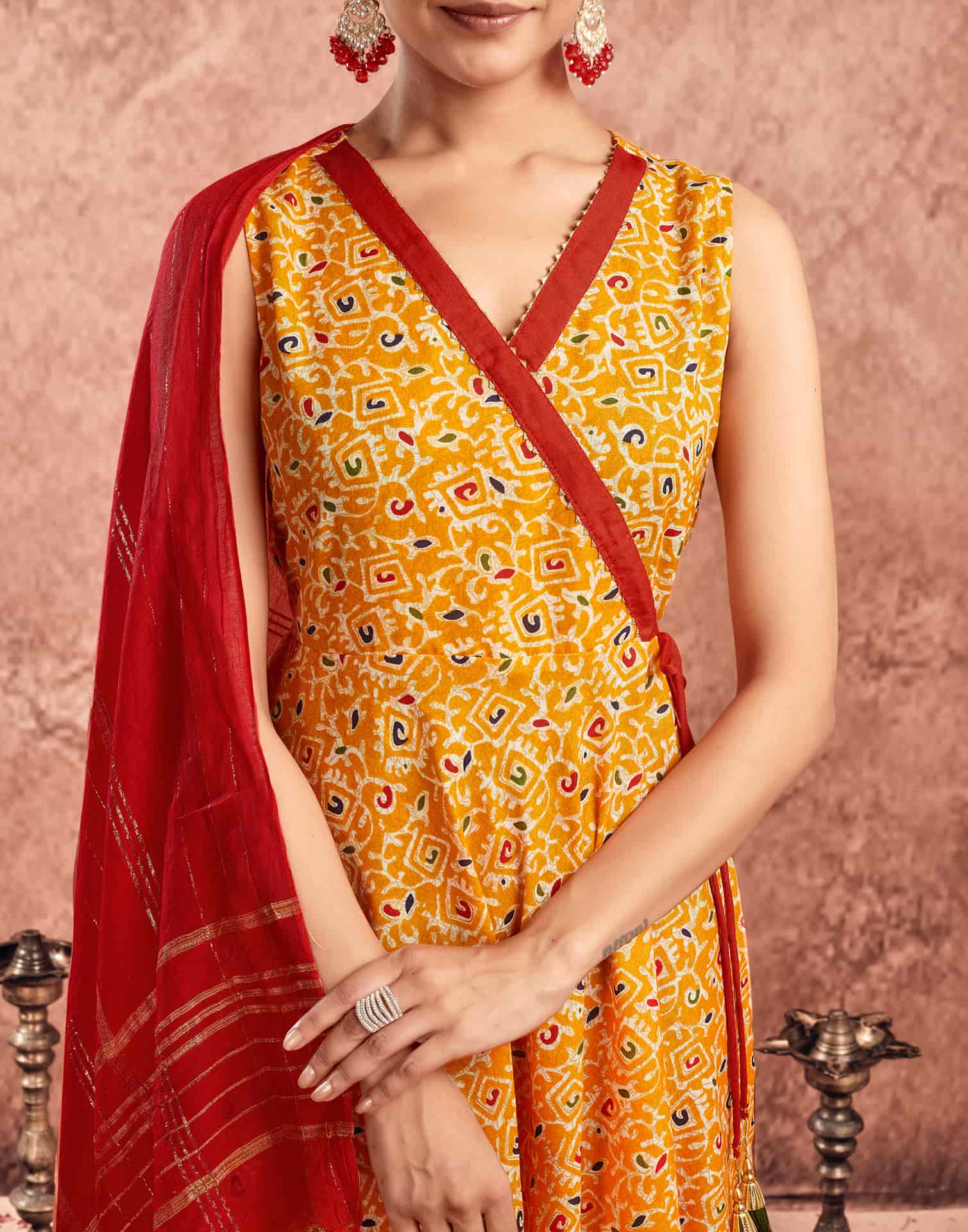 V Neck Anarkali Kurta Set in Yellow – Ethnic Wear for Women