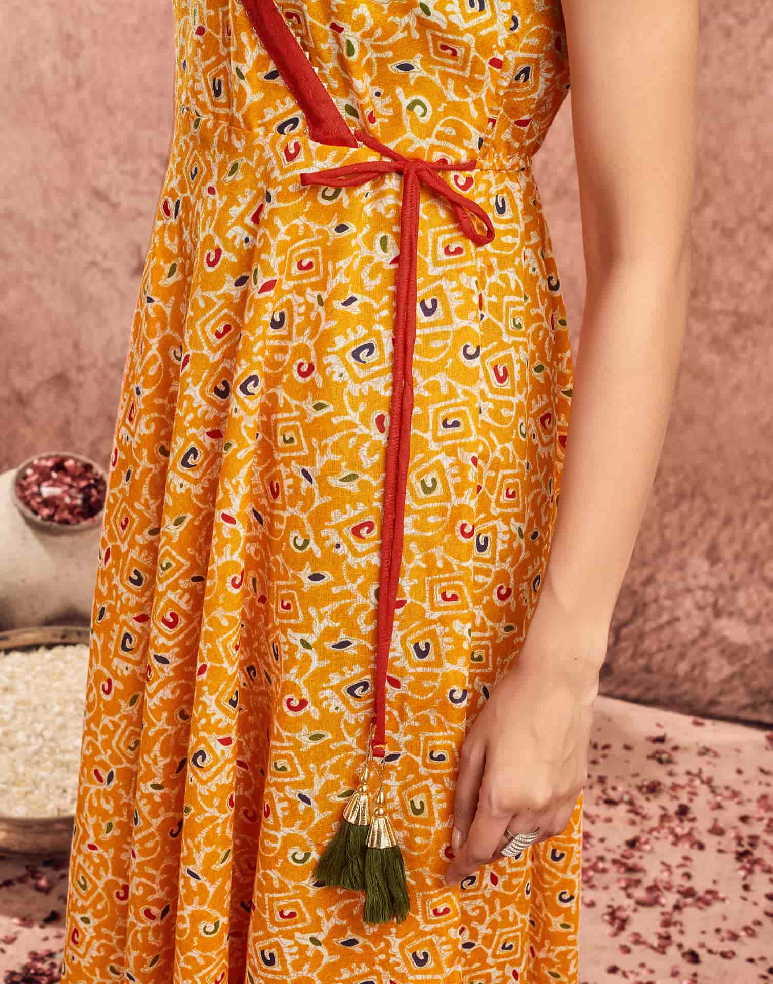 V Neck Anarkali Kurta Set in Yellow – Ethnic Wear for Women