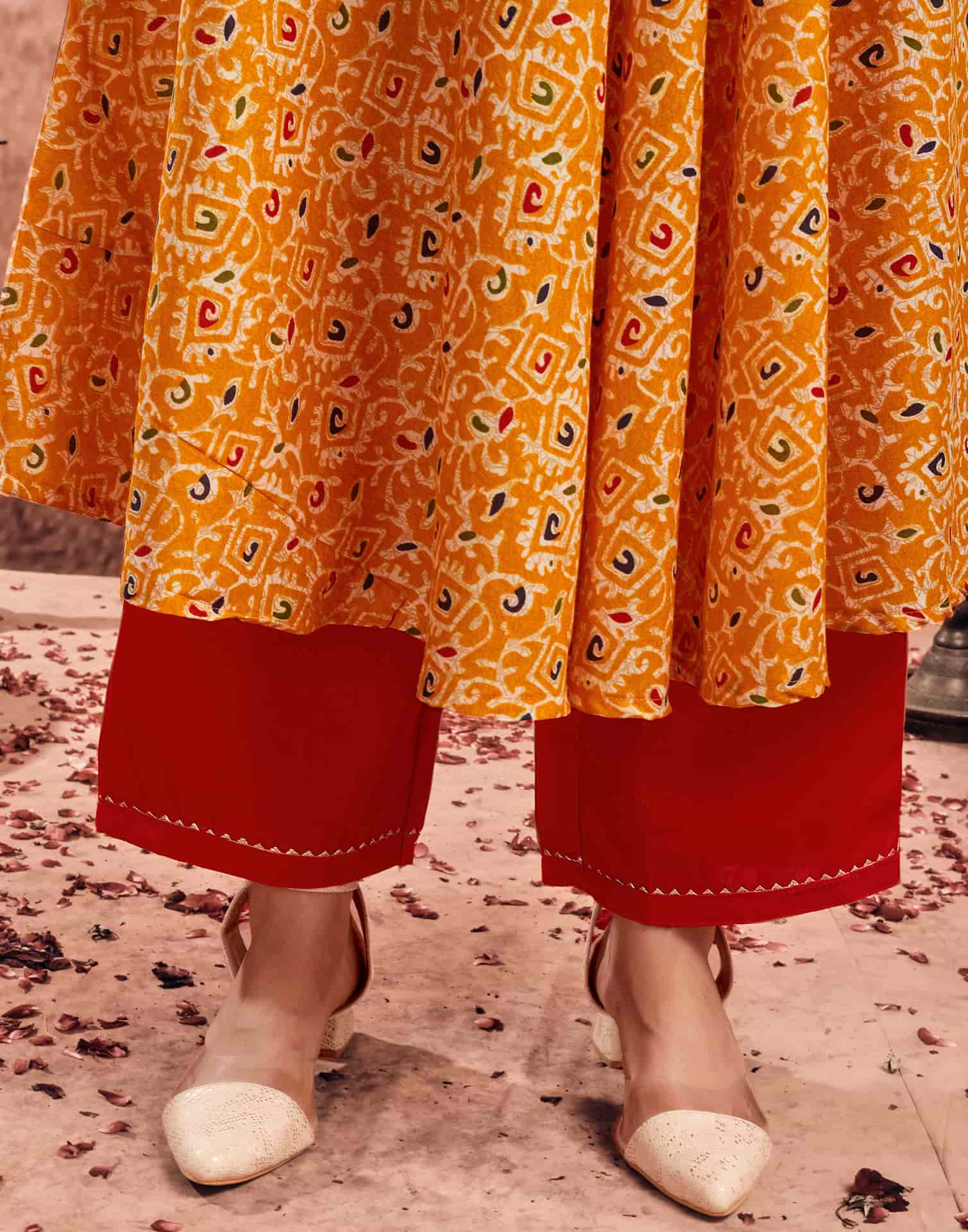 V Neck Anarkali Kurta Set in Yellow – Ethnic Wear for Women
