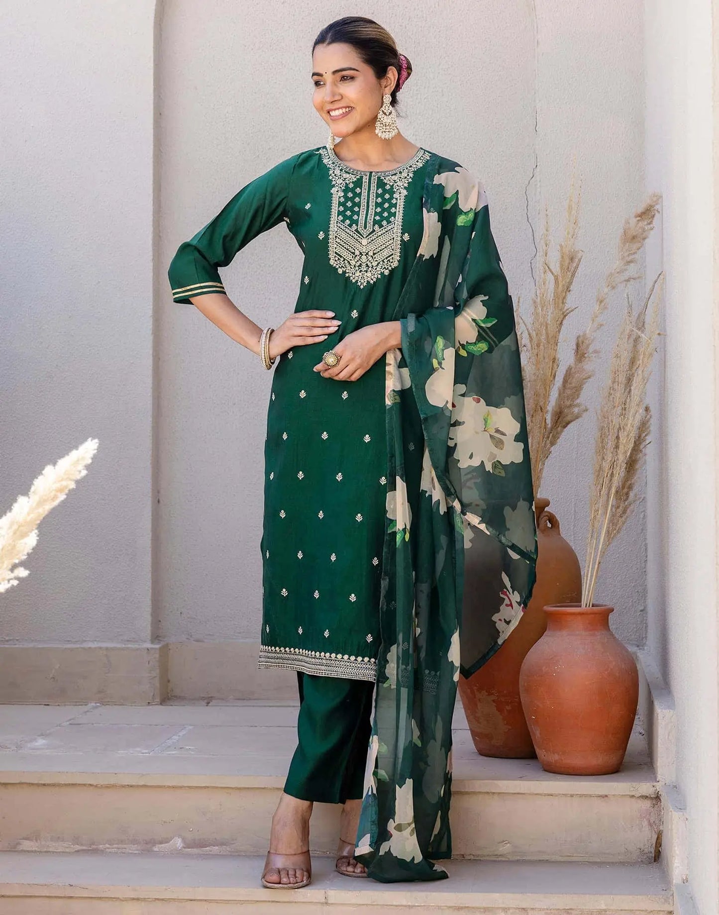 Silk Embroidery, Sequins Work and Gota Lace Straight Kurta with Pant & Dupatta