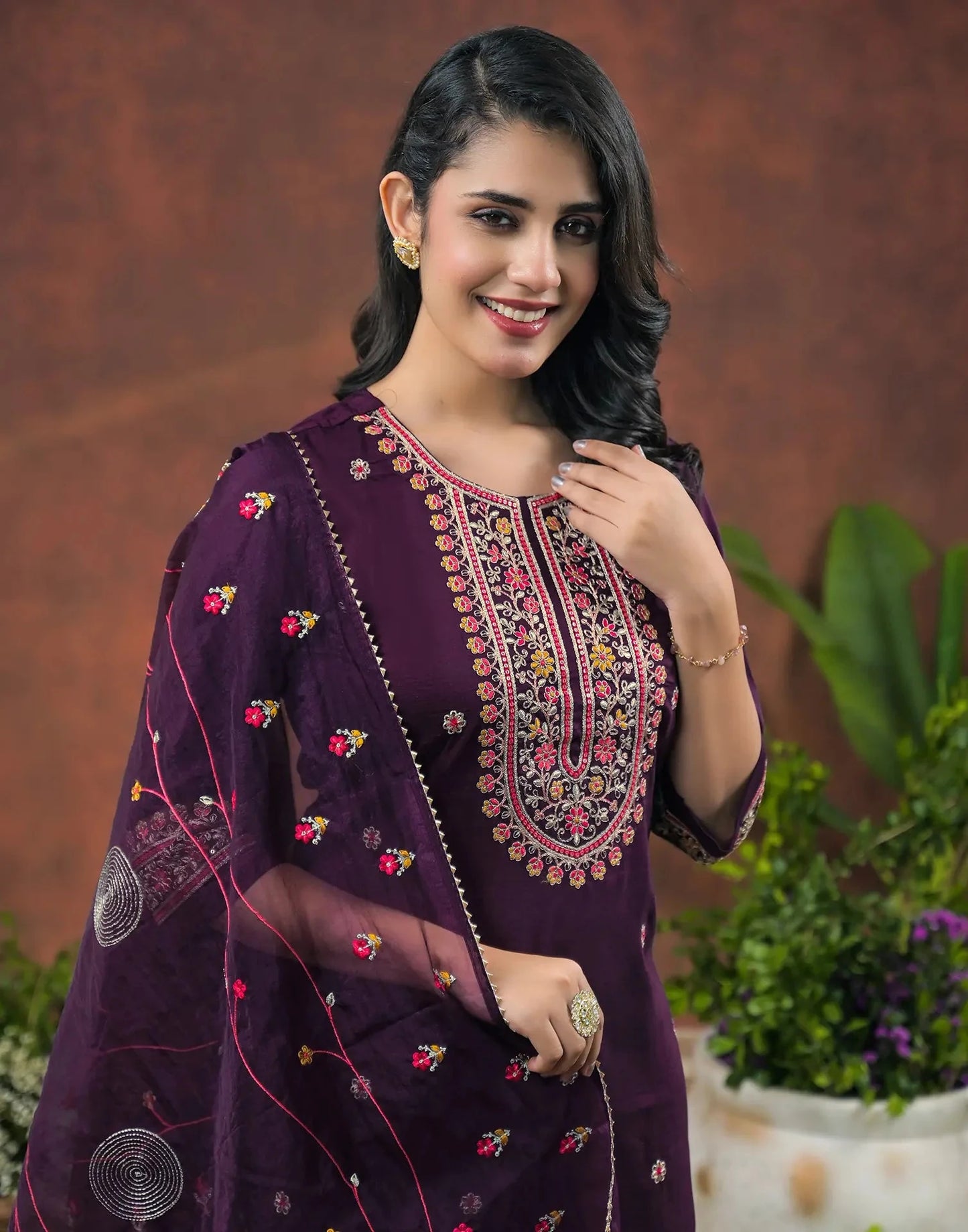 Chinnon Embroidered Round Neck Straight Kurta with Pant & Dupatta