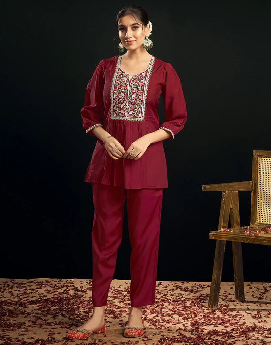 Silk Blend Printed Round Neck Co-ord Set