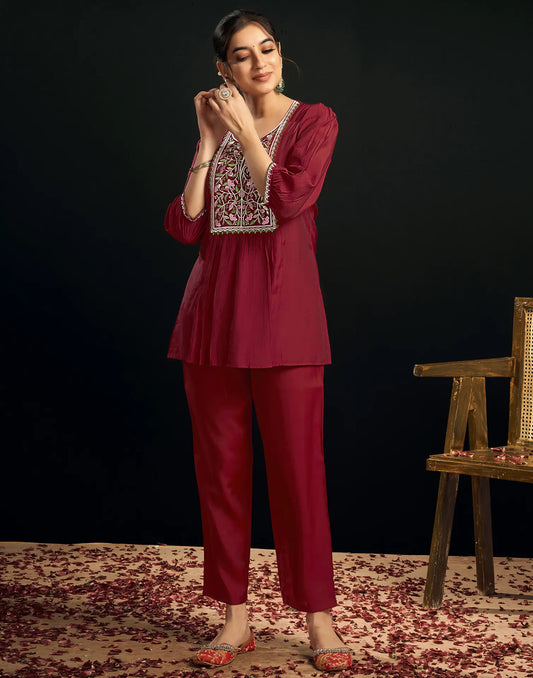 Silk Blend Printed Round Neck Co-ord Set