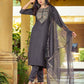 Straight cuts silk kurta set for women with panGrey Silk Sequence Embroidered Straight Kurta Set with Pant and Dupatta – Elegant Wedding & Festive Wear for Woment 
