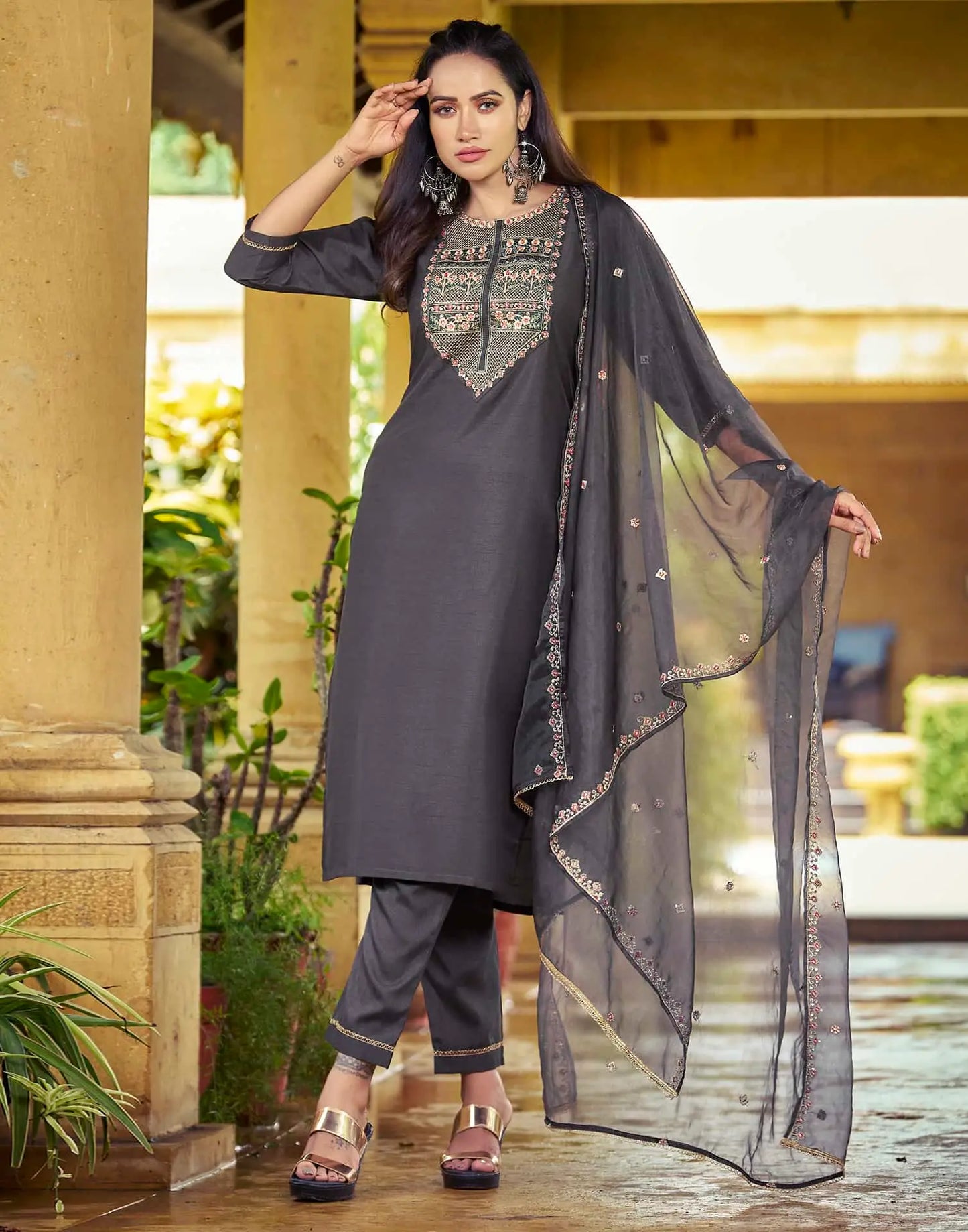 Straight cuts silk kurta set for women with panGrey Silk Sequence Embroidered Straight Kurta Set with Pant and Dupatta – Elegant Wedding & Festive Wear for Woment 