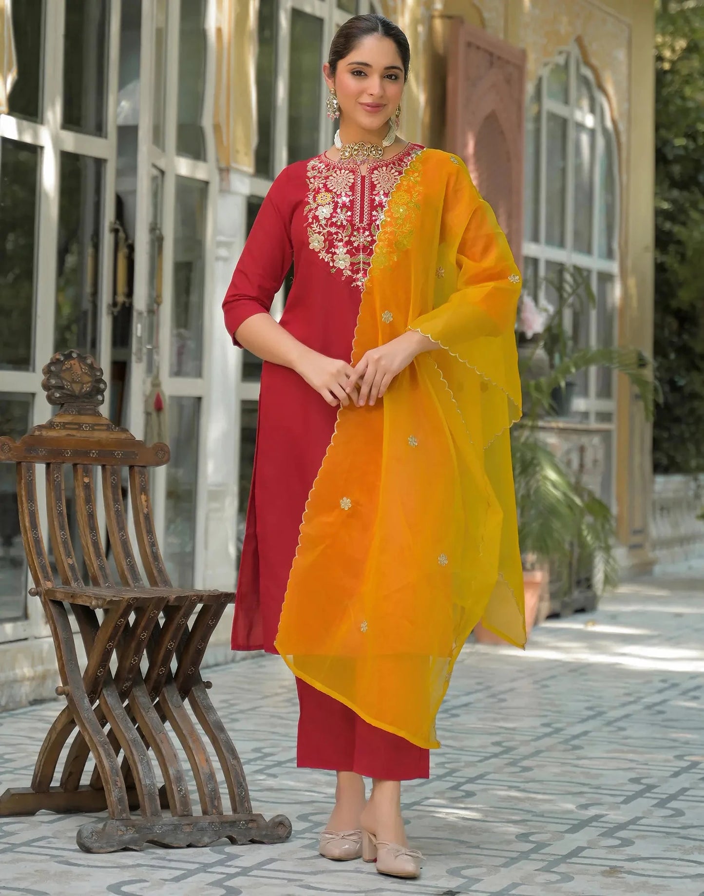 Rayon Embroidered Round Neck Straight Kurta with Pant & Dupatta