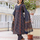 Affordable Navy Blue Printed V Neck Kurta Set with dupatta