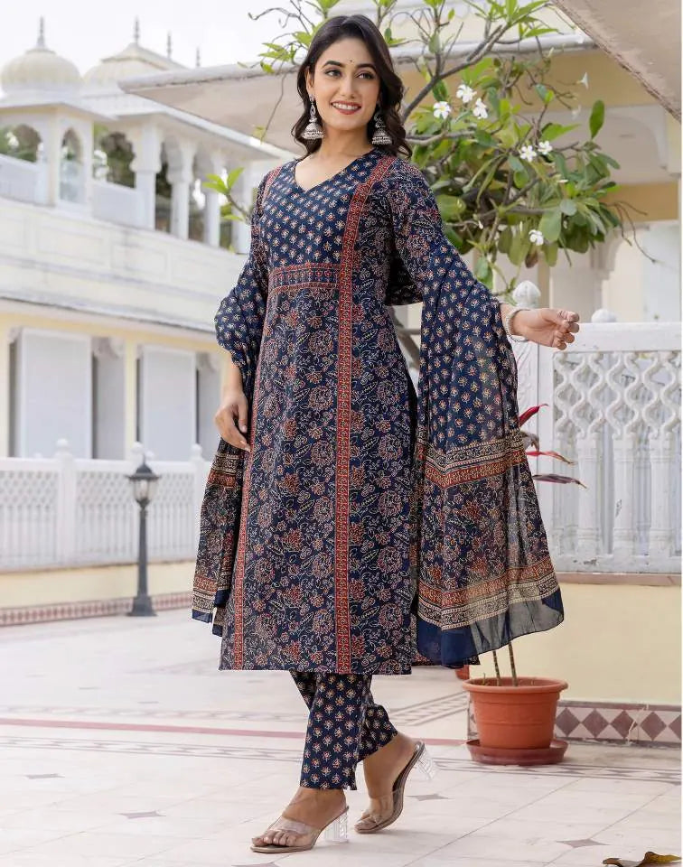 Affordable Navy Blue Printed V Neck Kurta Set with dupatta