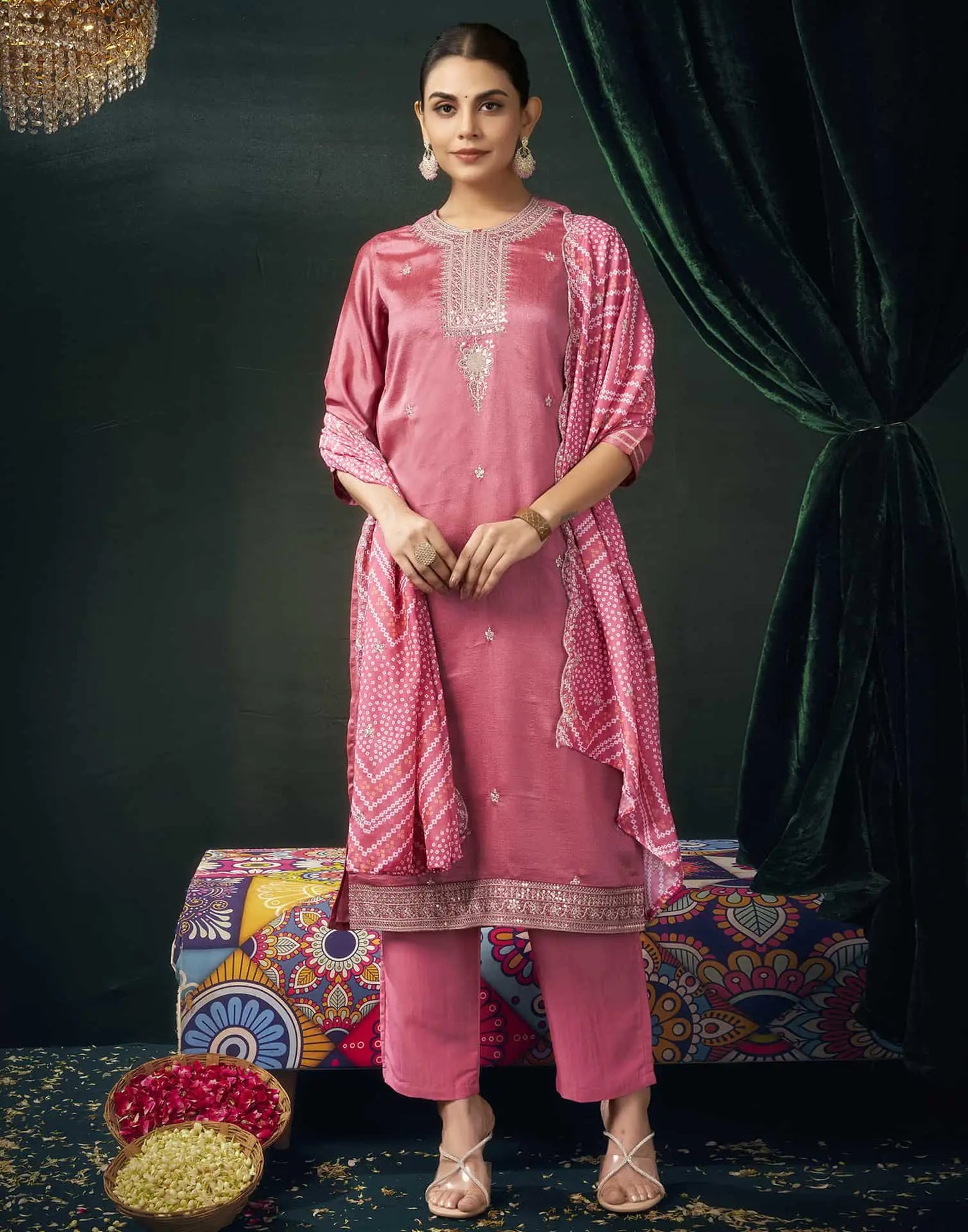 Silk Blend Embroidered Straight Kurta with Pant & Dupatta