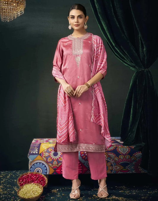 Silk Blend Embroidered Straight Kurta with Pant & Dupatta