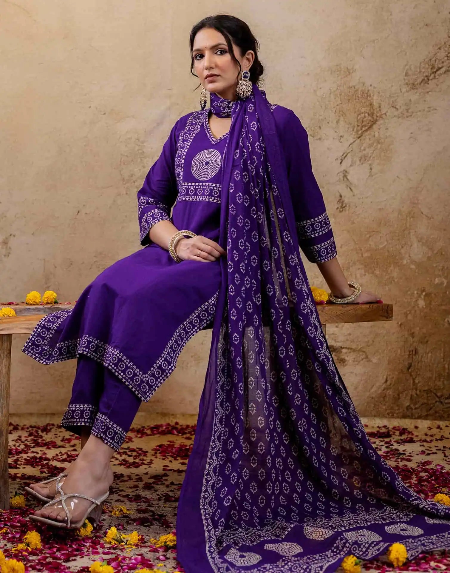 Affordable Purple Cotton Printed Straight Kurta Set Bandhani Print