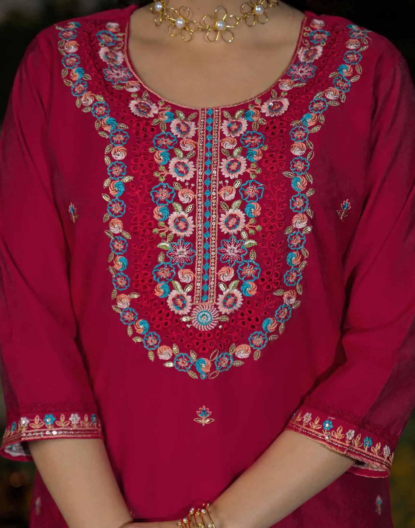 Silk Straight Embroidery Round Neck Kurta with Pant & Dupatta