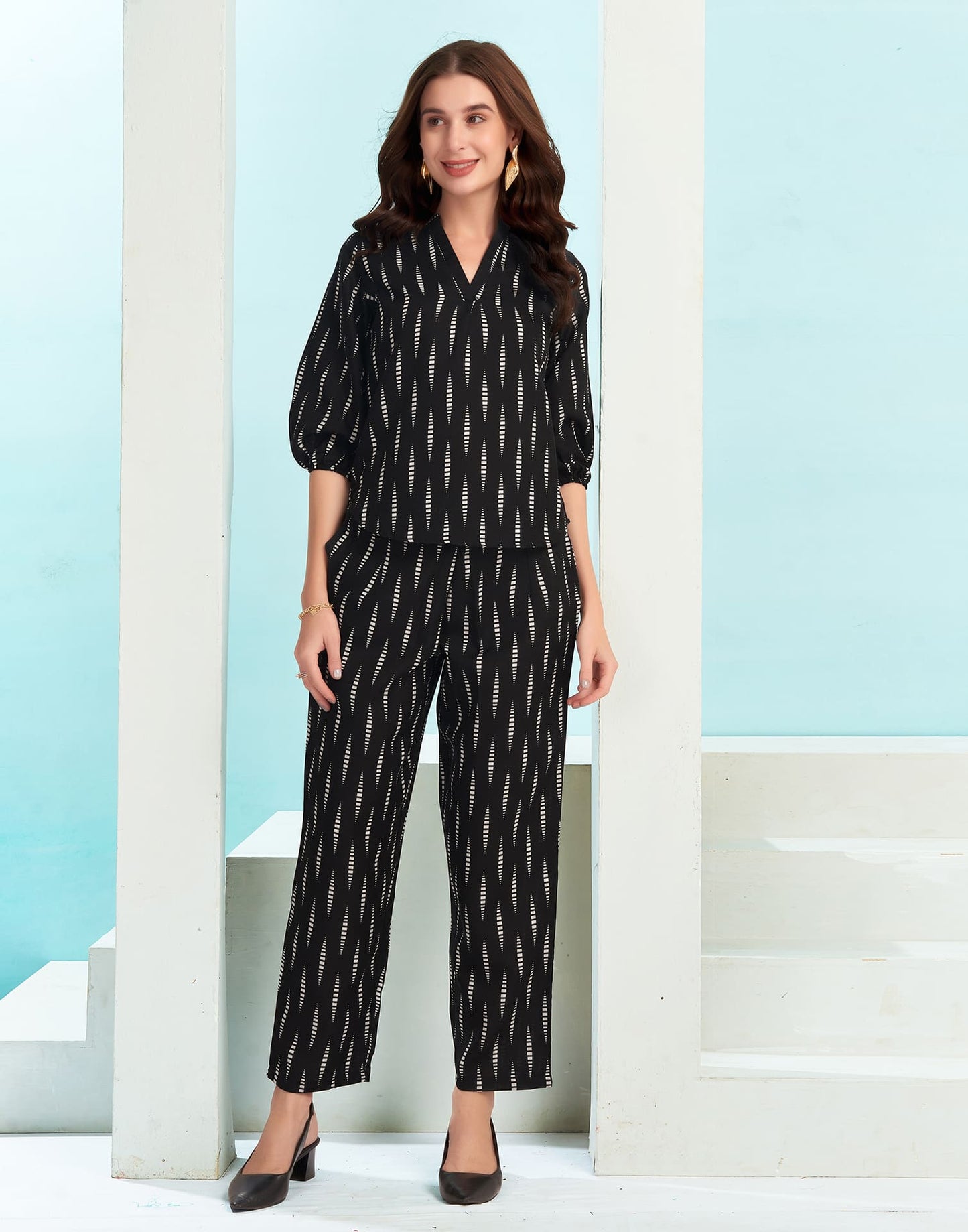 Cotton Blend Printed V-Neck Co-ord Set