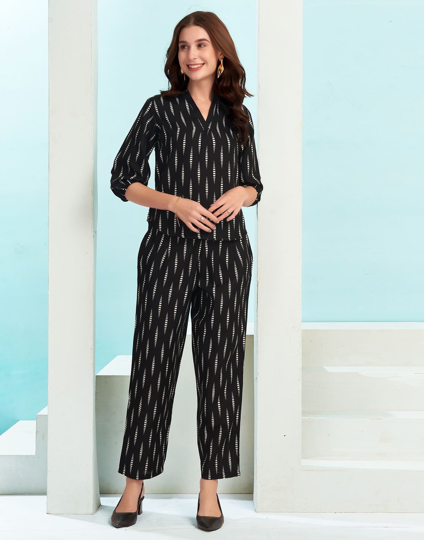 Cotton Blend Printed V-Neck Co-ord Set