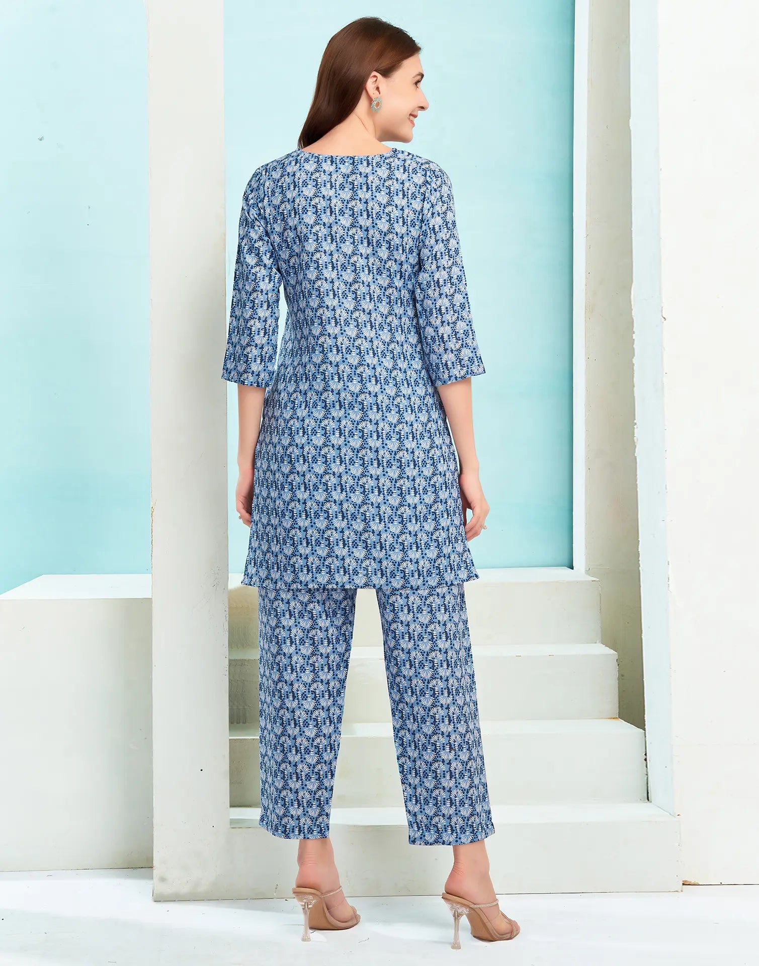 Cotton Blend Printed V-Neck Co-ord Set