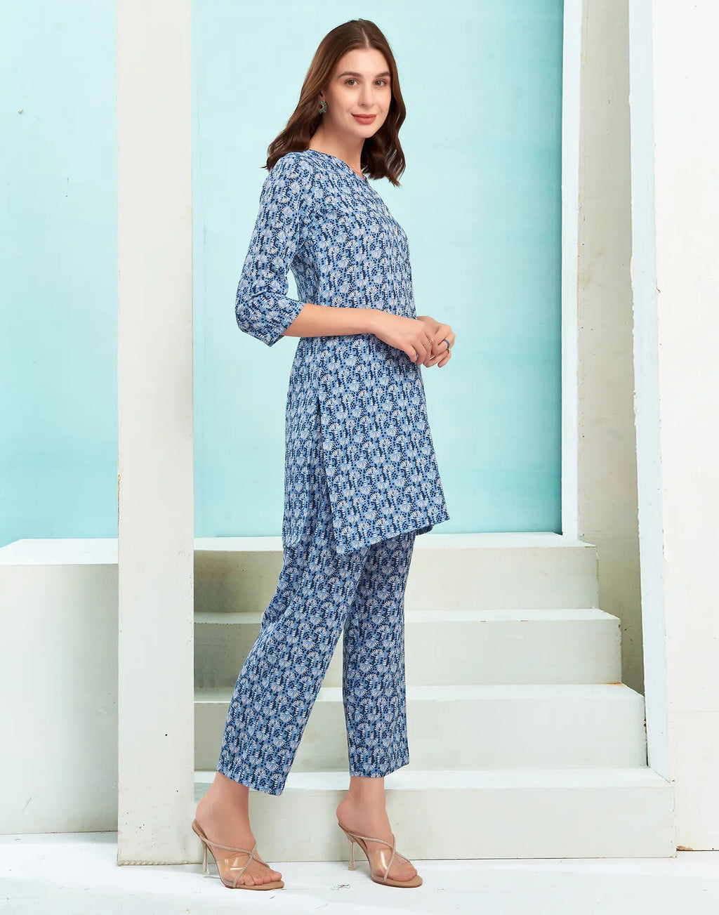 Cotton Blend Printed V-Neck Co-ord Set