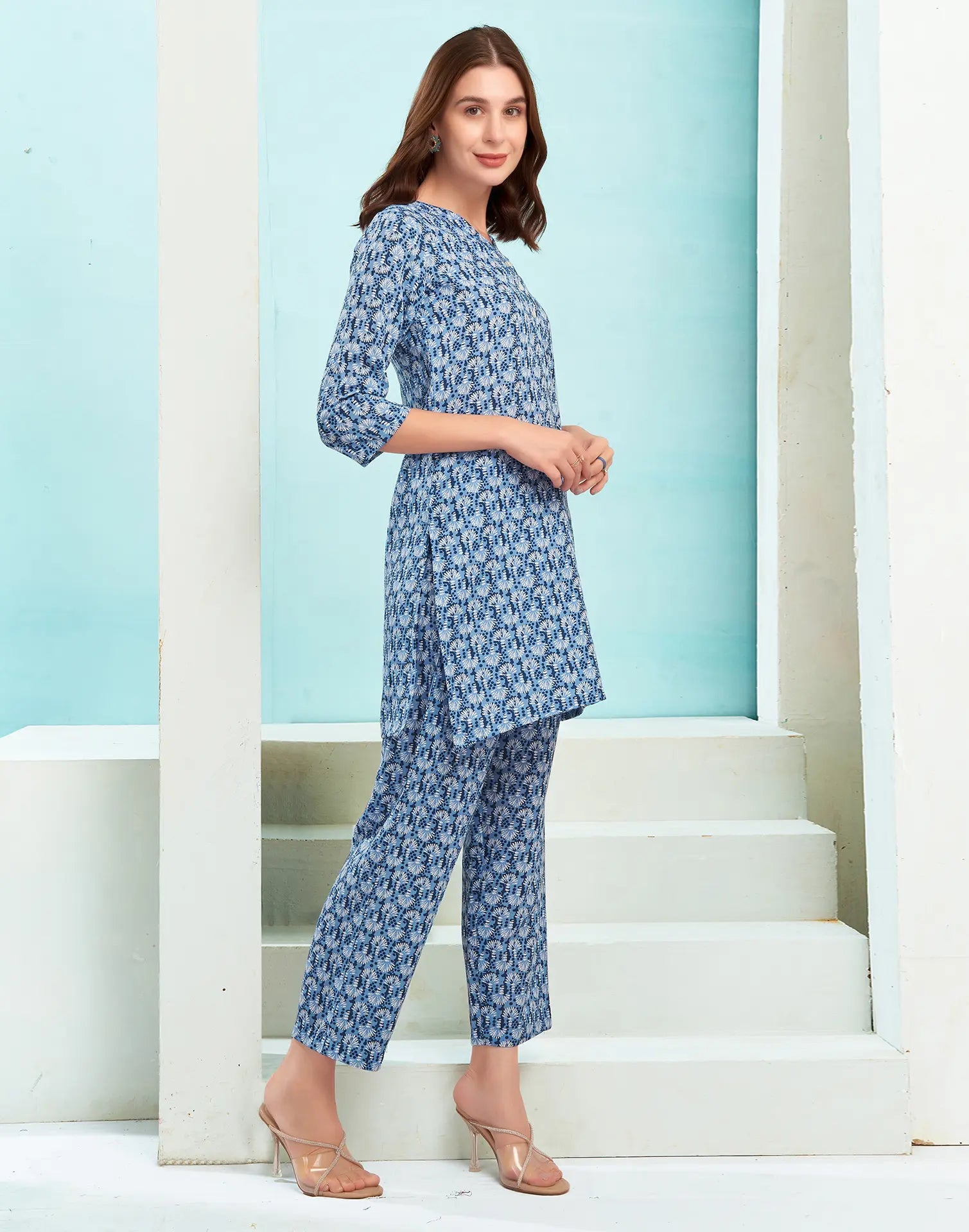 Cotton Blend Printed V-Neck Co-ord Set