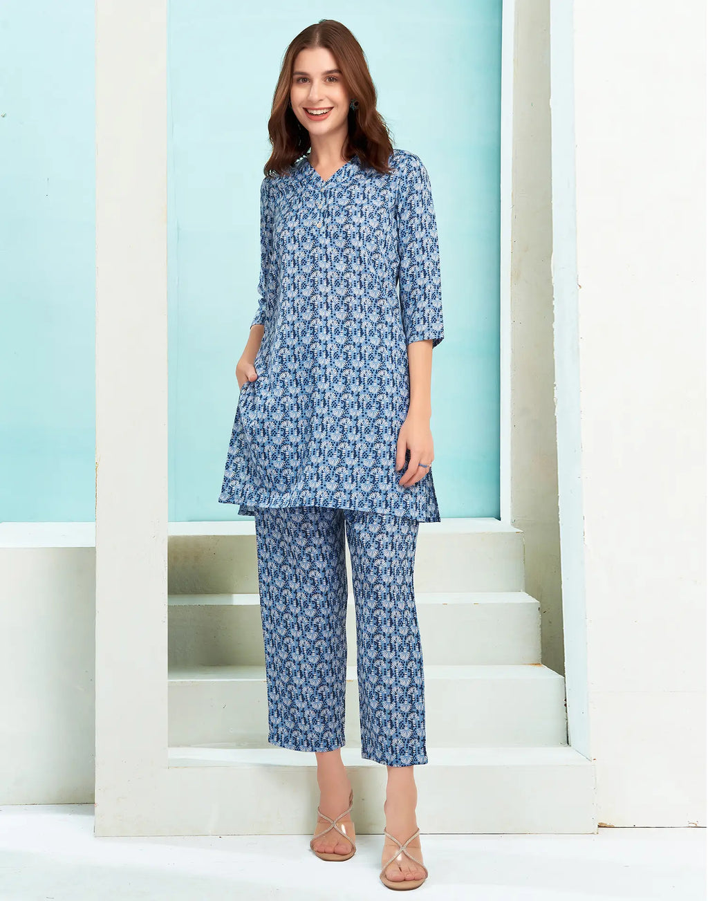 Cotton Blend Printed V-Neck Co-ord Set