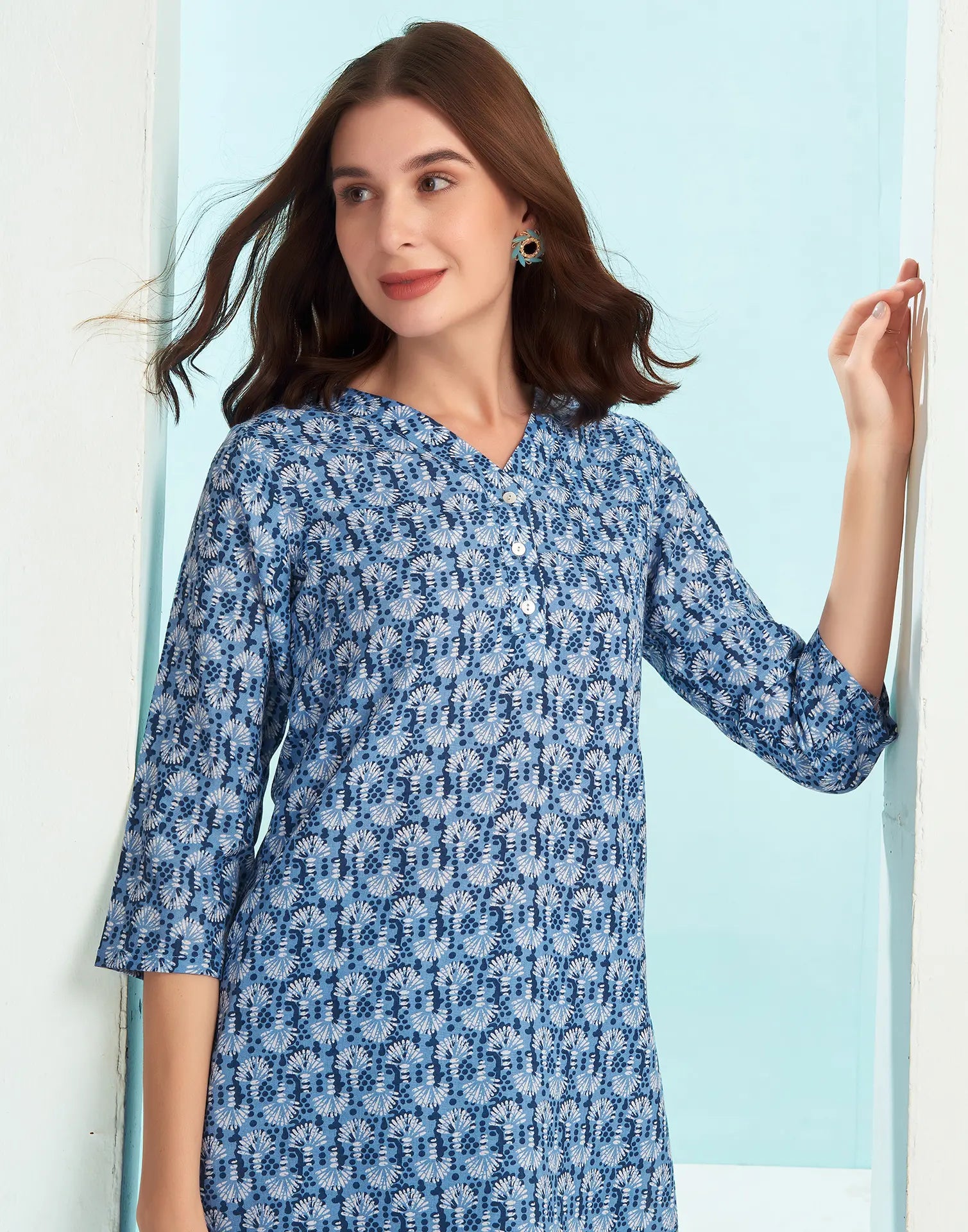 Cotton Blend Printed V-Neck Co-ord Set