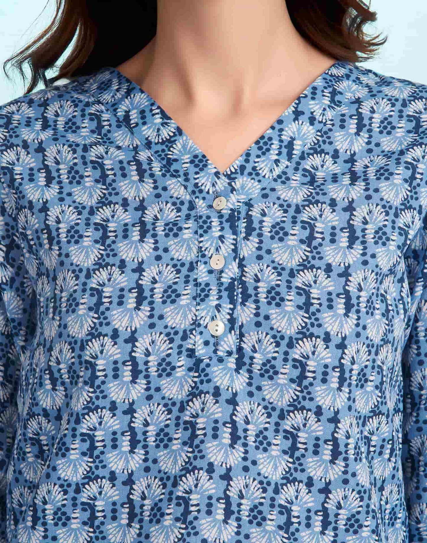 Cotton Blend Printed V-Neck Co-ord Set