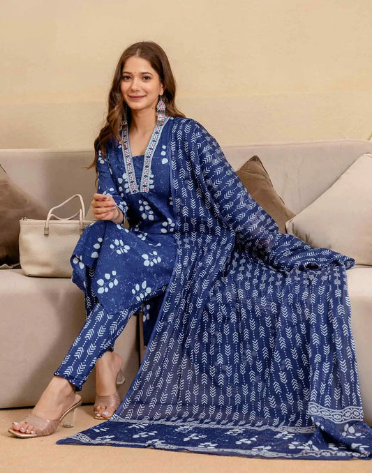 Dark Blue Cotton Printed Straight Kurta with Pant & Dupatta for Women